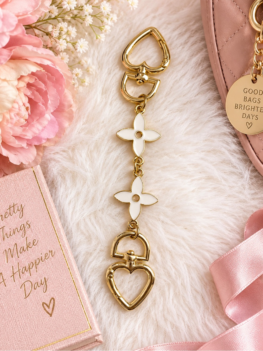 Gold Tone Heart & Flower Bag Charm Keychain